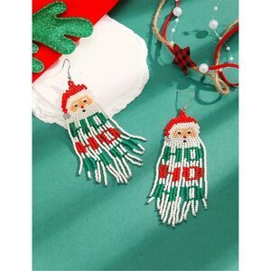 Handmade Santa Claus Beaded Earrings Christmas Tassel Gift Festive Handcrafted